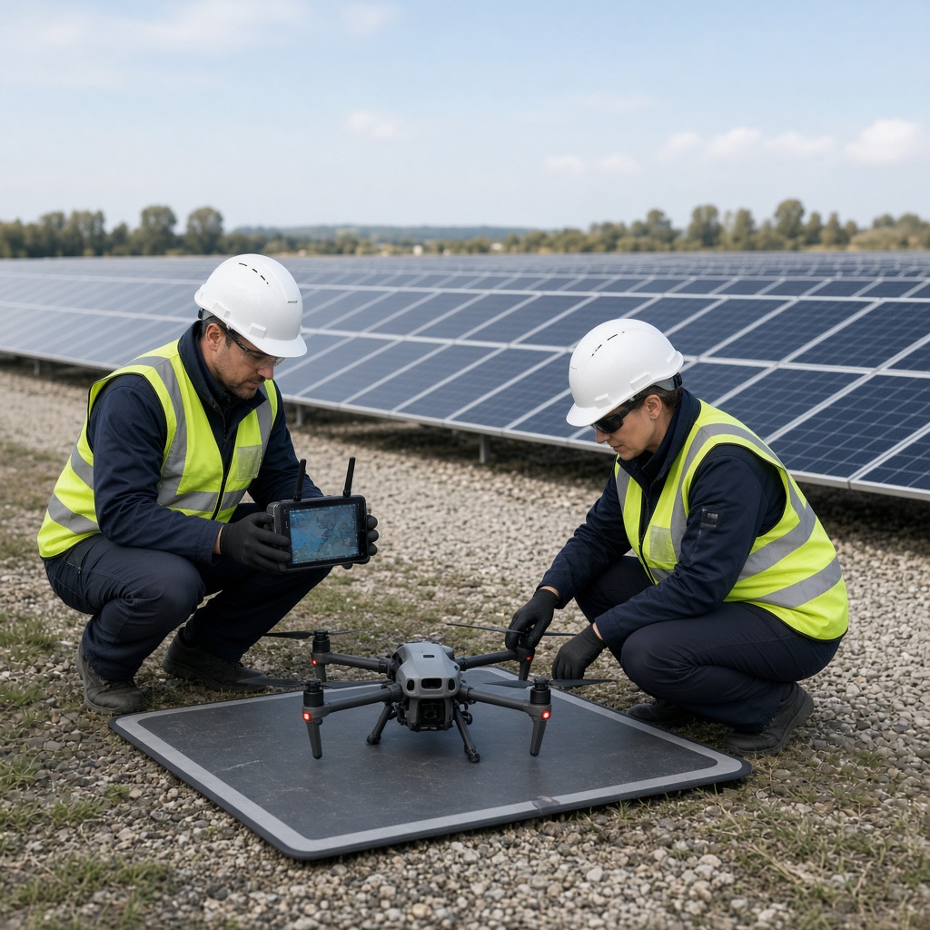 Aerox field team on-site performing pre-flight checks with a drone controller at a solar plant